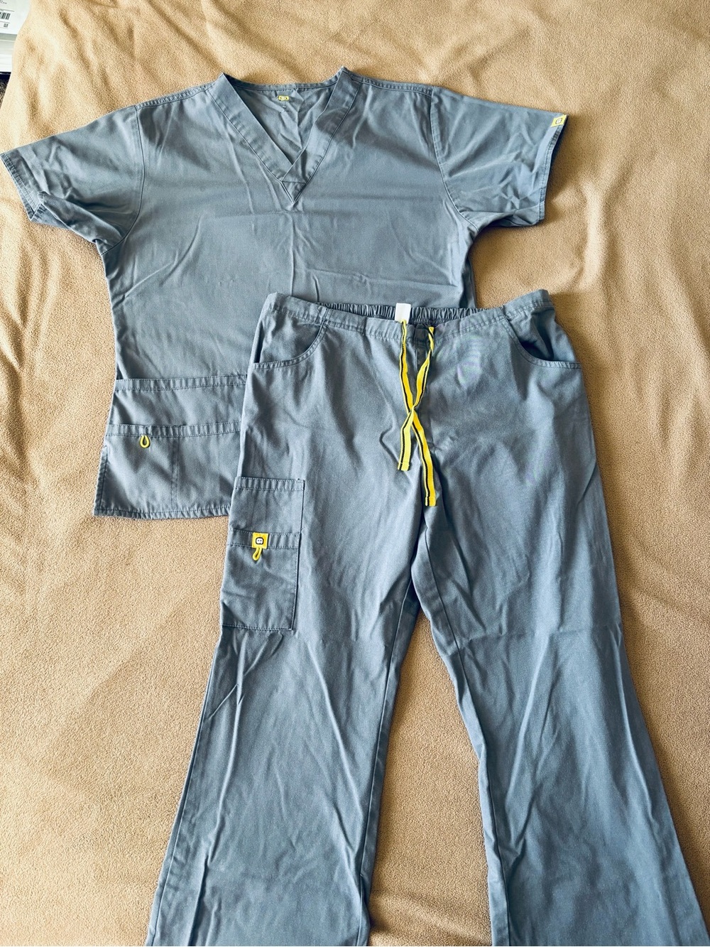 Gray Jogger-Style Scrub Pants with Yellow Drawstring